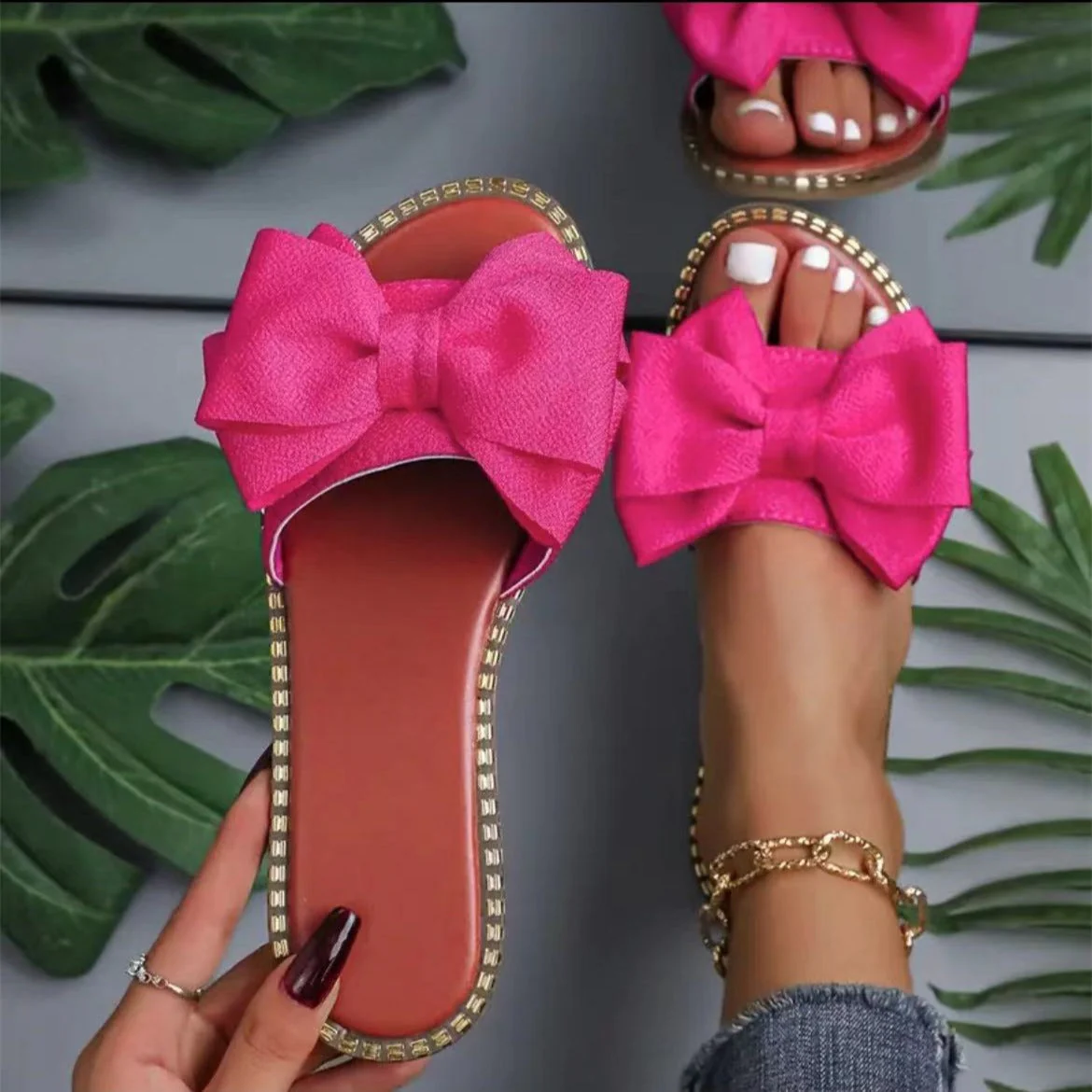 Damen Pantoletten mit Dekorativem Schleifen-Design und Rutschfester Sohle Heidi-Mode