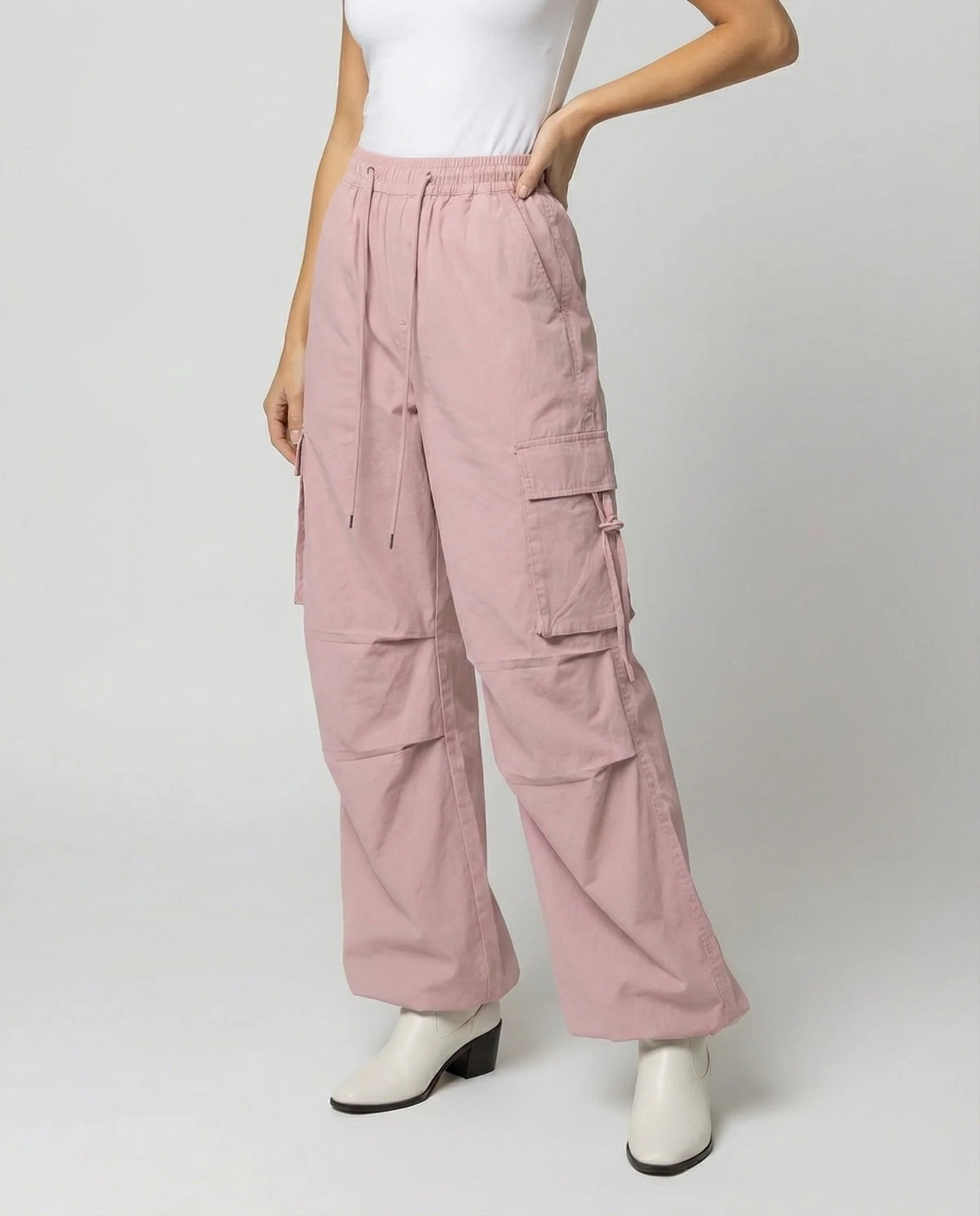 Damen Paperbag-Cargohose mit hohem Bund seitlicher Raffung und verstellbarem Saum Heidi-Mode