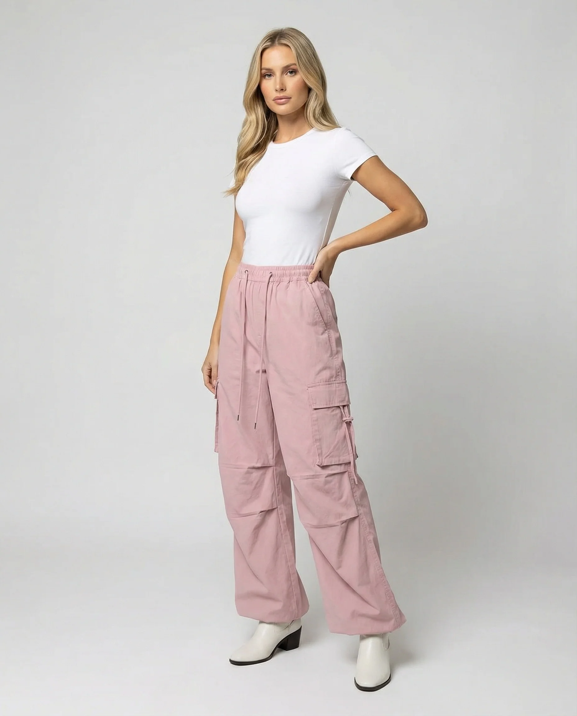 Damen Paperbag-Cargohose mit hohem Bund seitlicher Raffung und verstellbarem Saum Heidi-Mode - Image 2