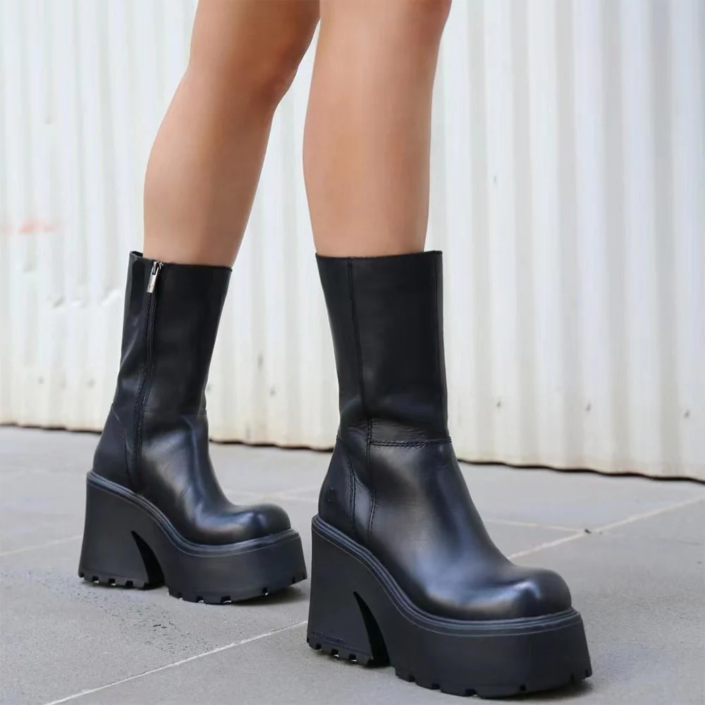 Damen Plateau-Stiefel mit hohem Blockabsatz und modischem Reißverschluss Heidi Mode