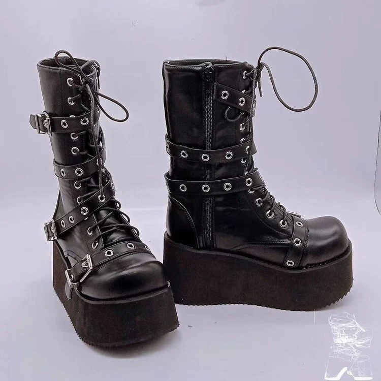 Damen Plateau-Stiefel mit robusten Schnallen und hochwertiger Leder-Oberfläche Heidi Mode - Image 2