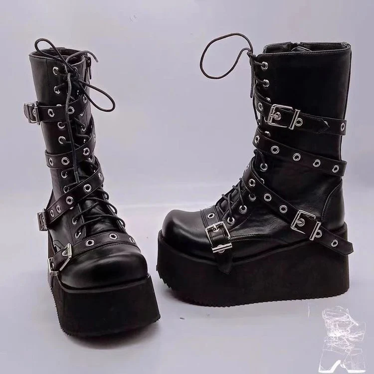 Damen Plateau-Stiefel mit robusten Schnallen und hochwertiger Leder-Oberfläche Heidi Mode - Image 4