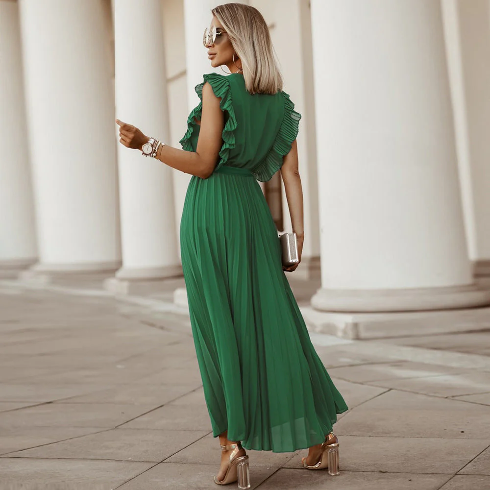 Damen Plissee Maxikleid mit Wickeloptik und Taillierbarem Gürtel Heidi-Mode - Image 3