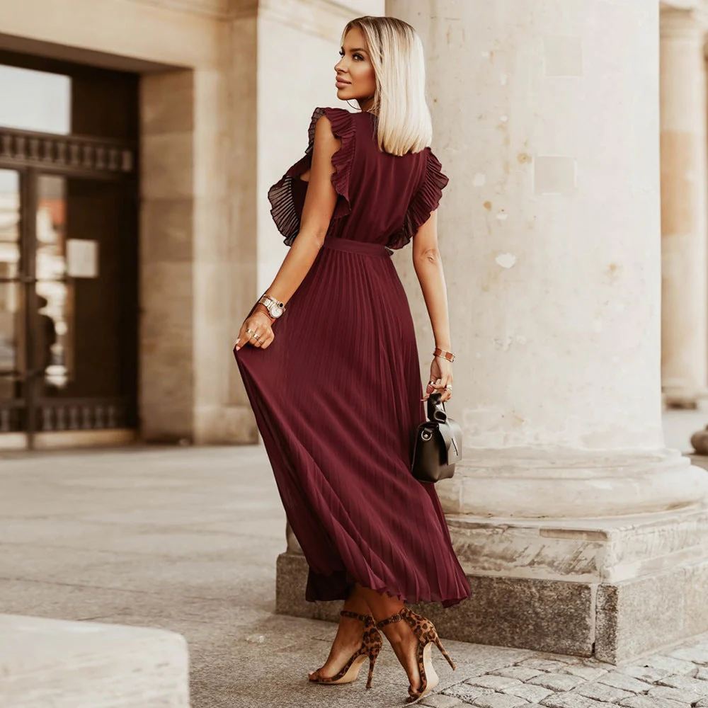 Damen Plissee Maxikleid mit Wickeloptik und Taillierbarem Gürtel Heidi-Mode - Image 4