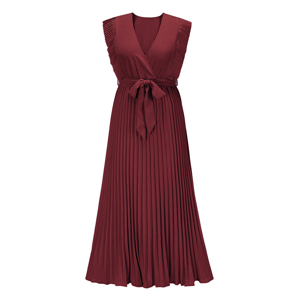 Damen Plissee Maxikleid mit Wickeloptik und Taillierbarem Gürtel Heidi-Mode - Image 6