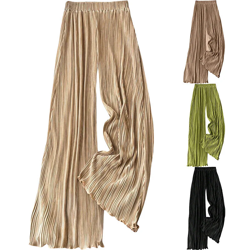Damen Plissierte Sommerhose mit Hohem Bund und Elastischem Taillenbund Heidi-Mode