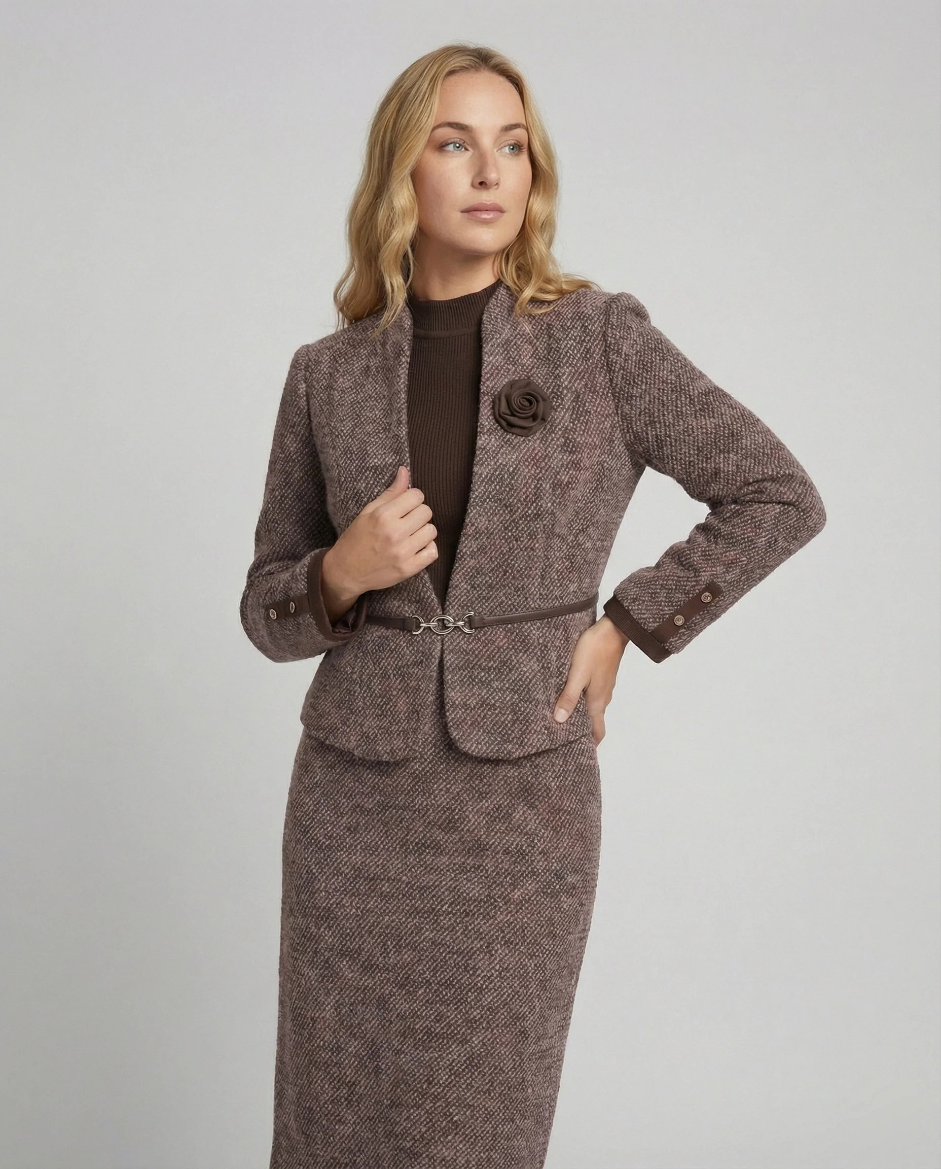 Zweiteiliger Tweedanzug mit tailliertem Kurzblazer und knielangem Rock Heidi Mode - Image 3