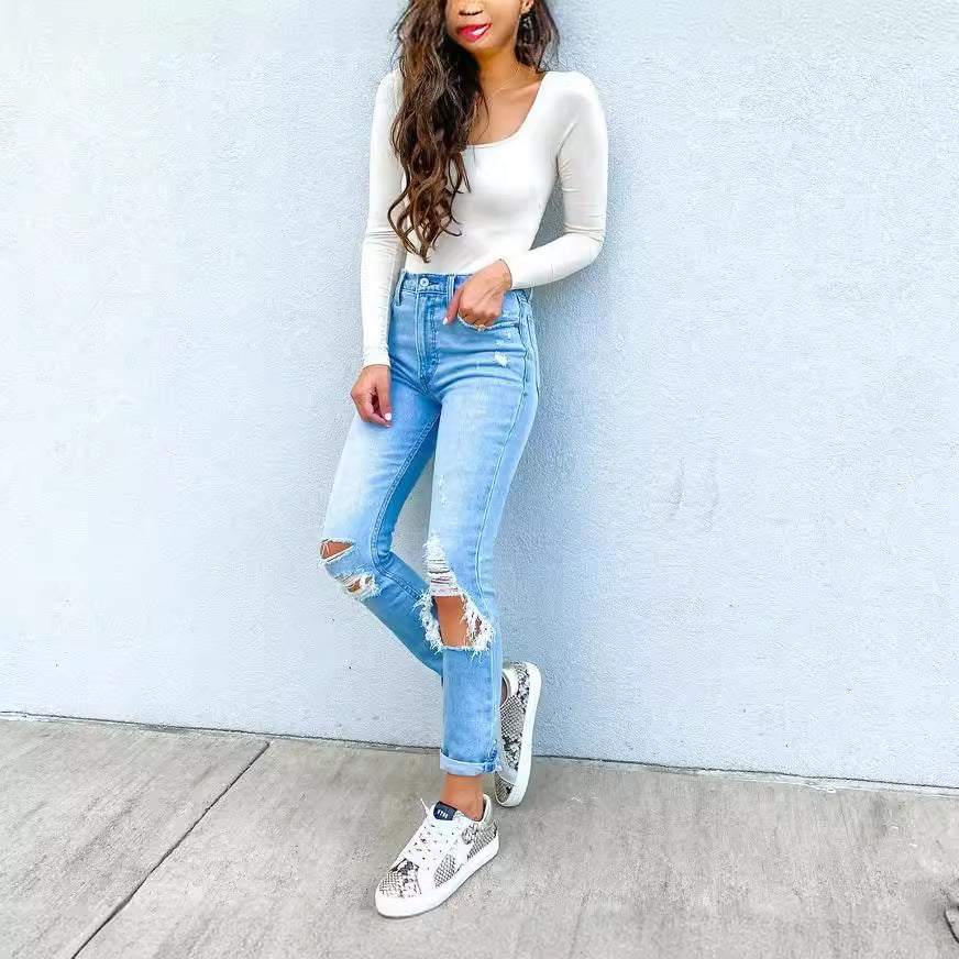 Damen Ripped Jeans mit lässigem Schnitt und hohem Bund Heidi-Mode