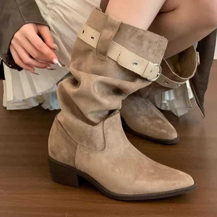 Damen Rustikale Wildleder-Stiefel mit modischem Falten-Design und verstellbarem Riemen Heidi Mode - Image 2
