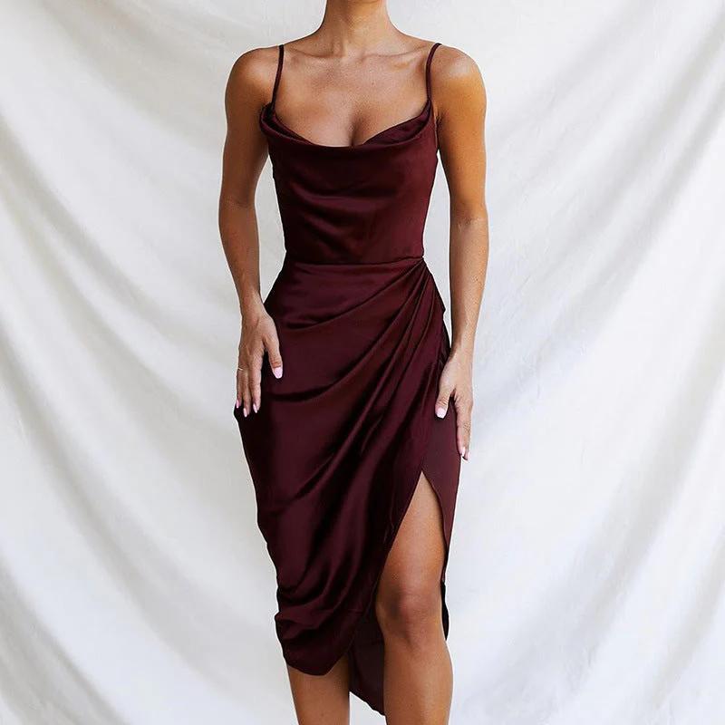 Damen Satin Kleid mit Schmalen Spaghetti-Trägern und Seitlichem Schlitz Heidi-Mode - Image 7