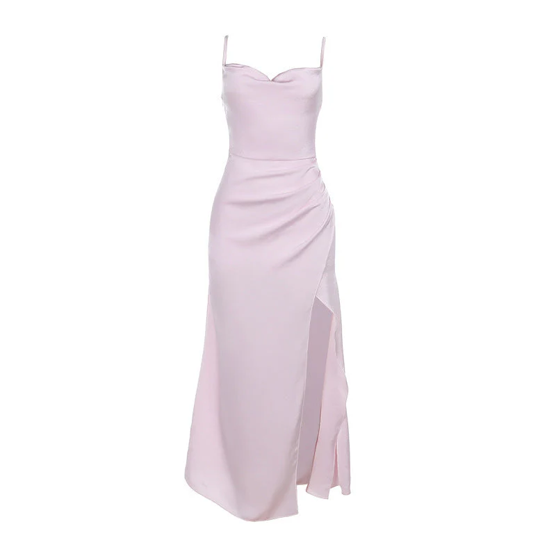 Damen Satin Maxikleid mit Elegantem Rüschen-Design und Hohem Schlitz Heidi-Mode - Image 5
