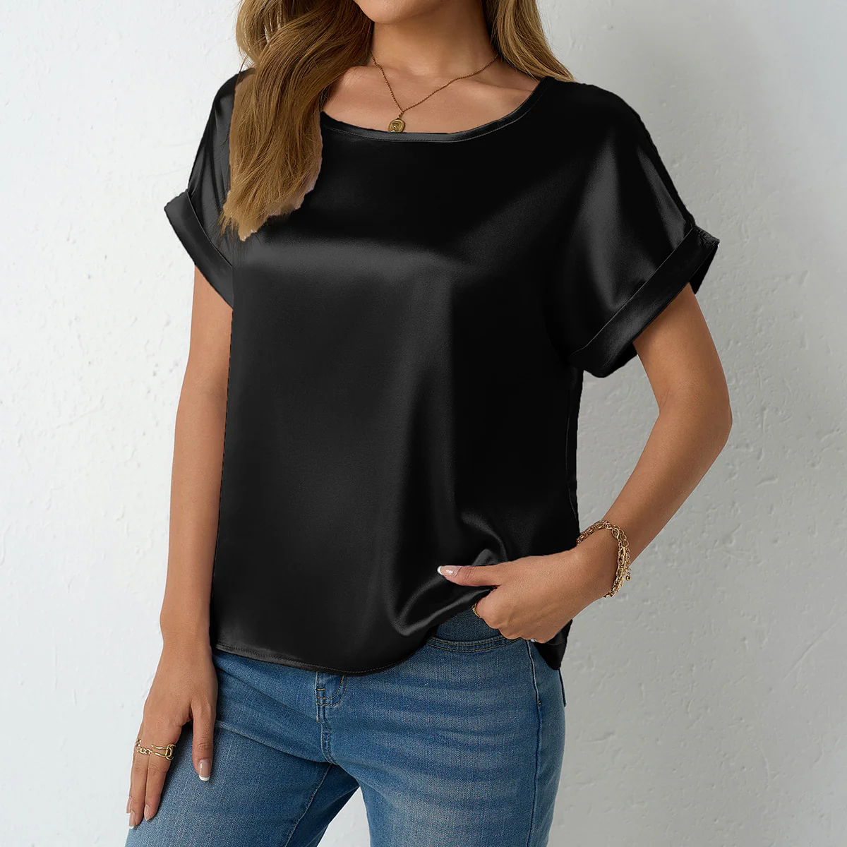 Damen Satin-Oberteil mit umgeschlagenen Ärmeln Heidi Mode - Image 2