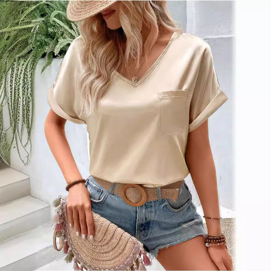 Damen Satin V-Ausschnitt T-Shirt mit Brusttasche und Lässigem Schnitt Heidi-Mode - Image 2