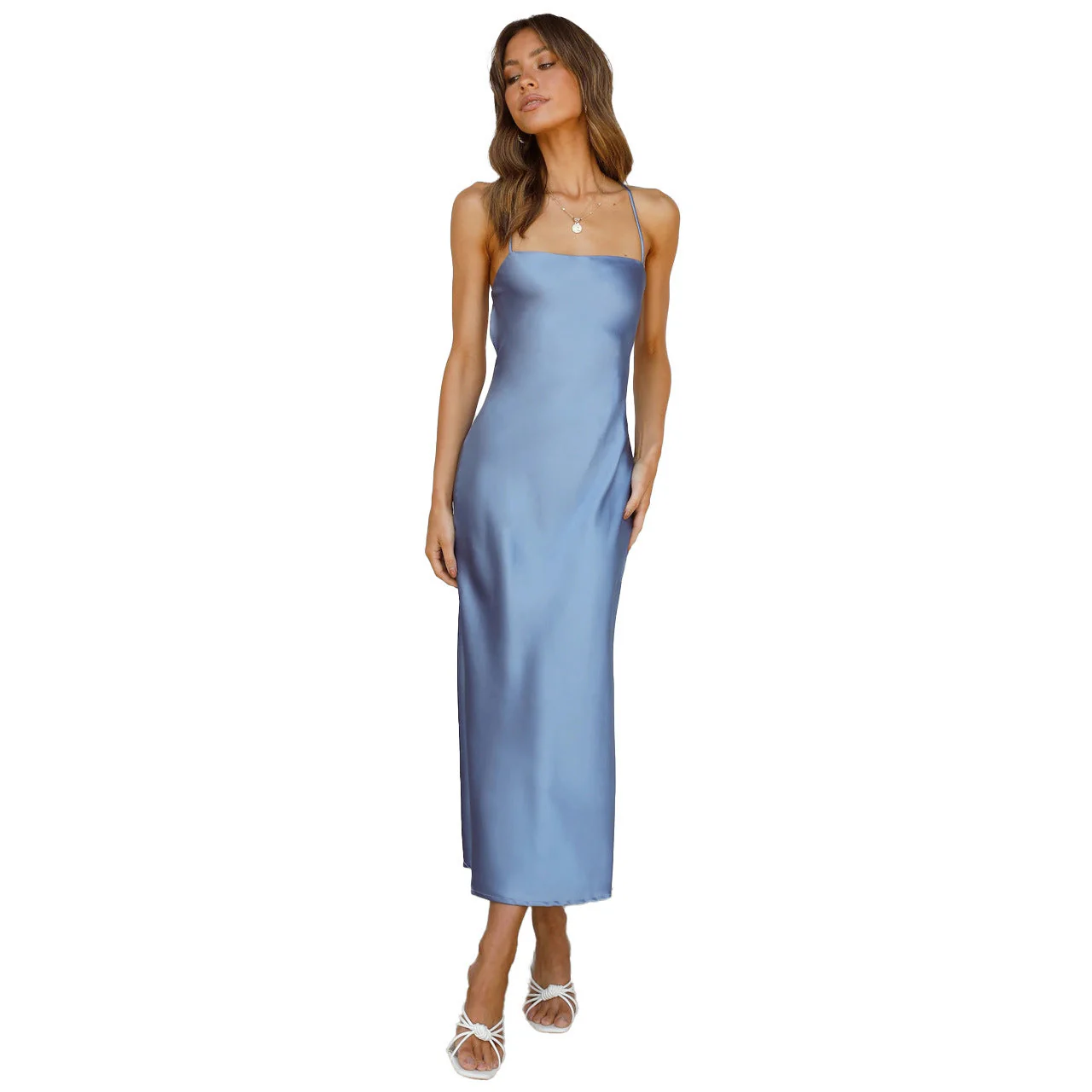 Damen Satinmaxikleid mit Schmalem Schnitt und Spaghettiträgern Heidi-Mode - Image 5