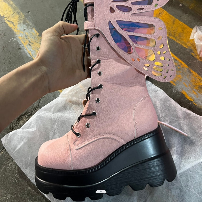 Damen Schnürstiefel mit modischem Schmetterlingsdesign und hohem Plateau Heidi Mode