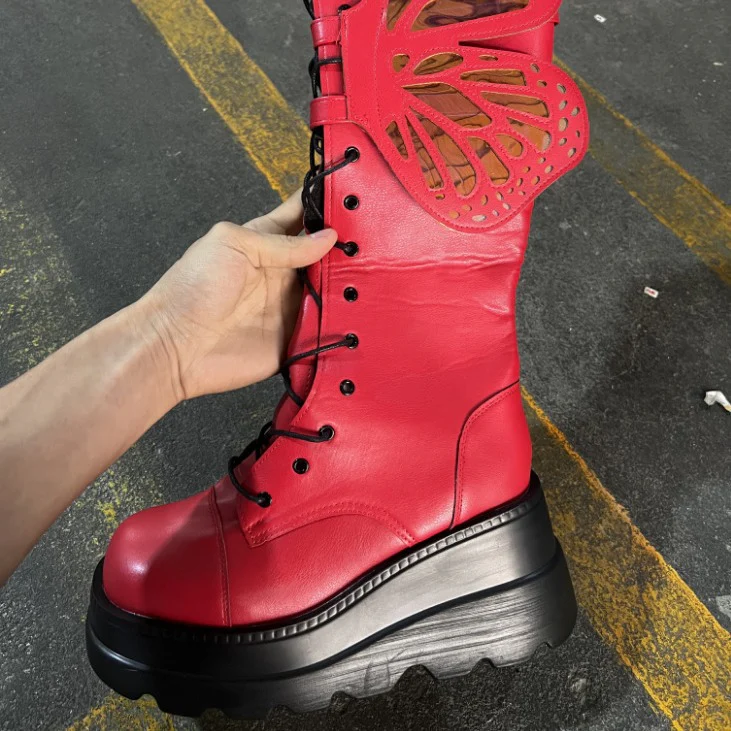 Damen Schnürstiefel mit modischem Schmetterlingsdesign und hohem Plateau Heidi Mode - Image 3