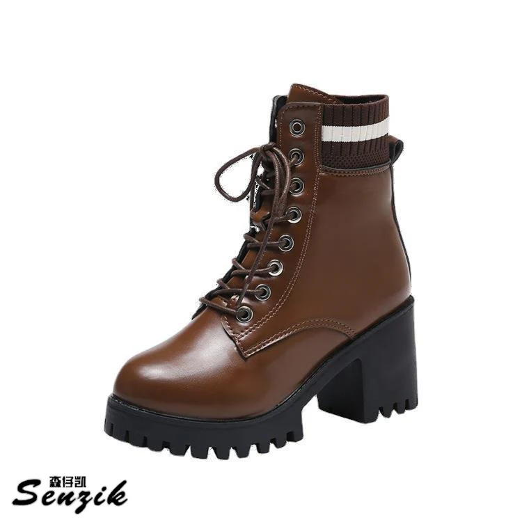 Damen Schnürstiefel mit robustem Blockabsatz und elastischem Strickkragen Heidi Mode - Image 5