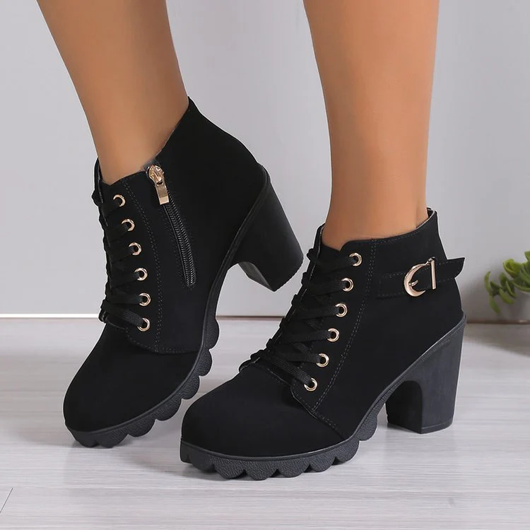 Damen Schnürstiefeletten mit Blockabsatz und Reißverschluss Heidi Mode