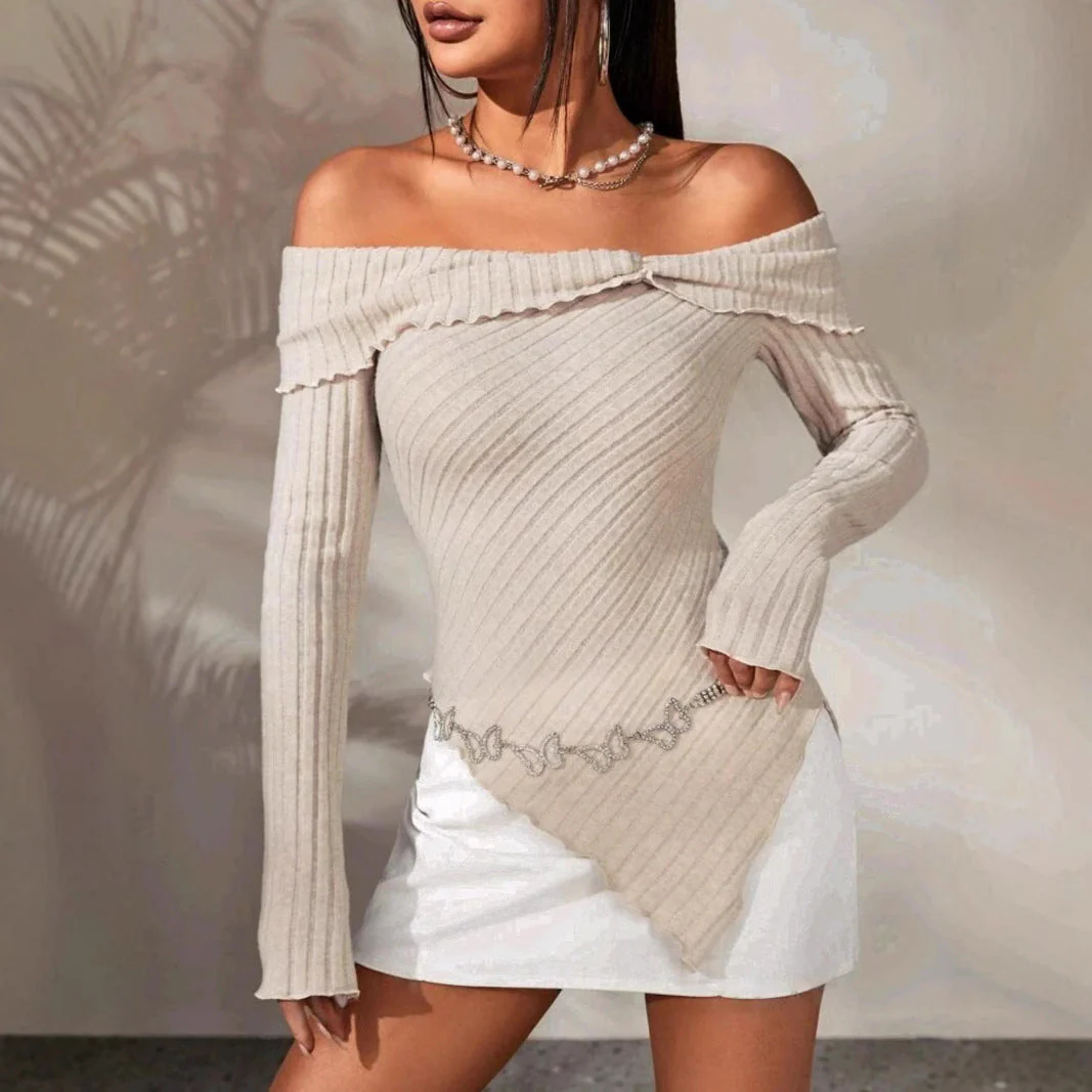 Damen Schulterfreies Oberteil Aus Rippstrick mit Asymmetrischem Saum und Dekorativen Details Heidi-Mode