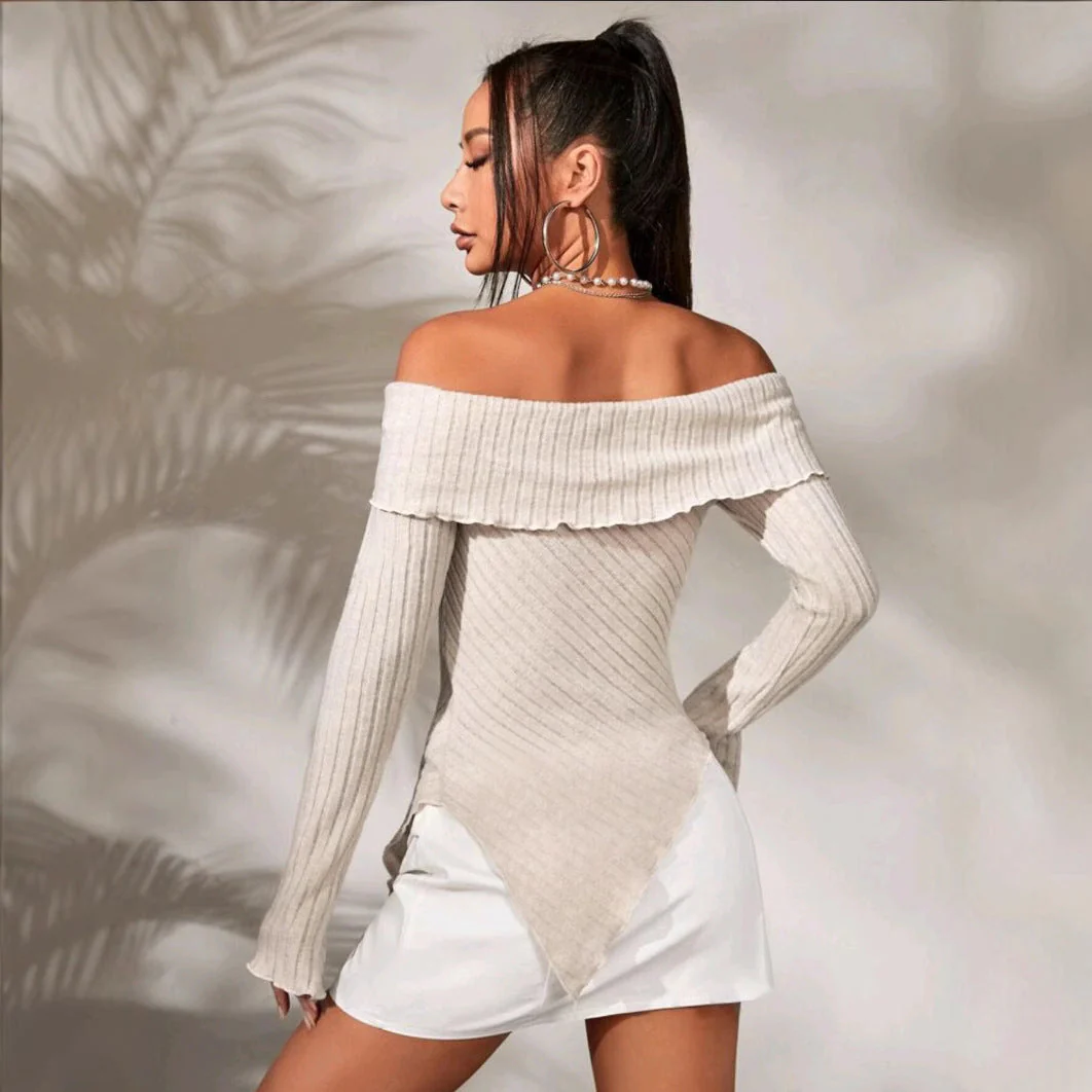 Damen Schulterfreies Oberteil Aus Rippstrick mit Asymmetrischem Saum und Dekorativen Details Heidi-Mode - Image 2