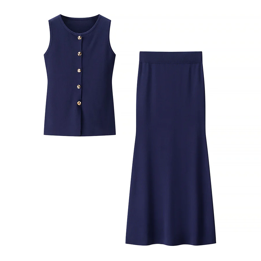 Damen Set aus ärmellosem Oberteil mit Knopfdetails und schwingendem Rock Heidi-Mode - Image 3