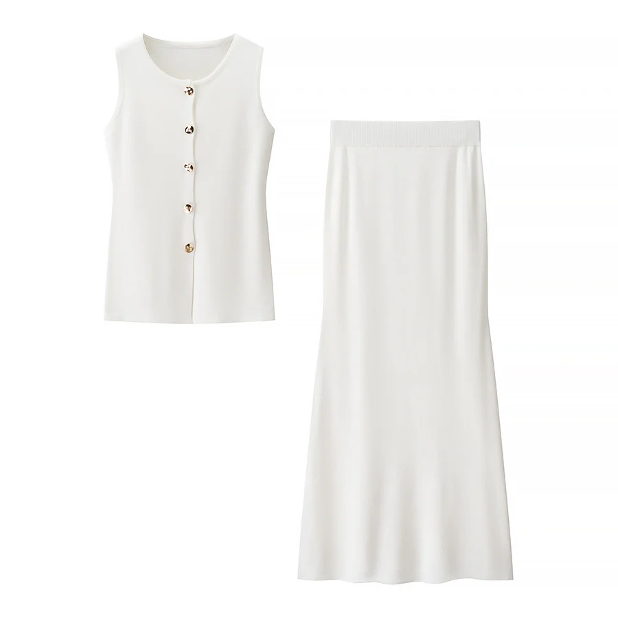 Damen Set aus ärmellosem Oberteil mit Knopfdetails und schwingendem Rock Heidi-Mode - Image 4