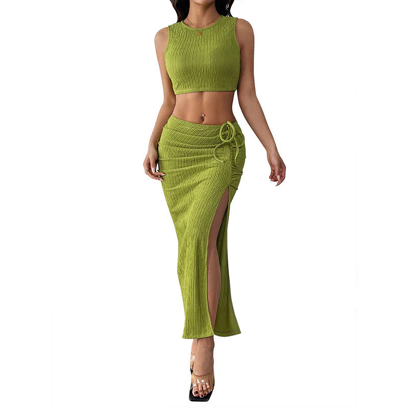 Damen Set Aus Crop-Top und Maxirock mit Raffinierten Rüschen und Seitlichem Schlitz Heidi-Mode - Image 5