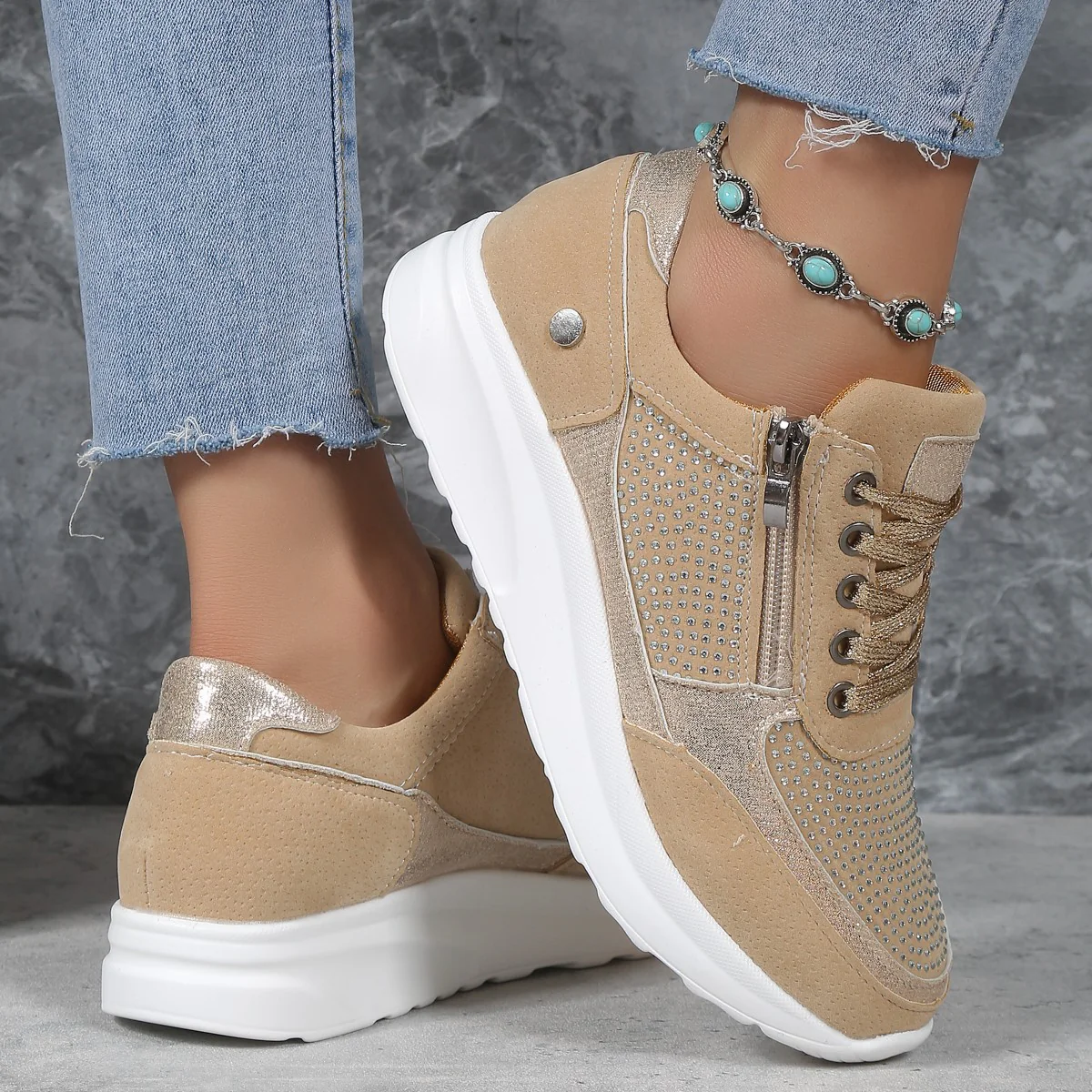 Damen Sneaker mit dekorativem Strass und praktischem Reißverschluss Heidi Mode - Image 4