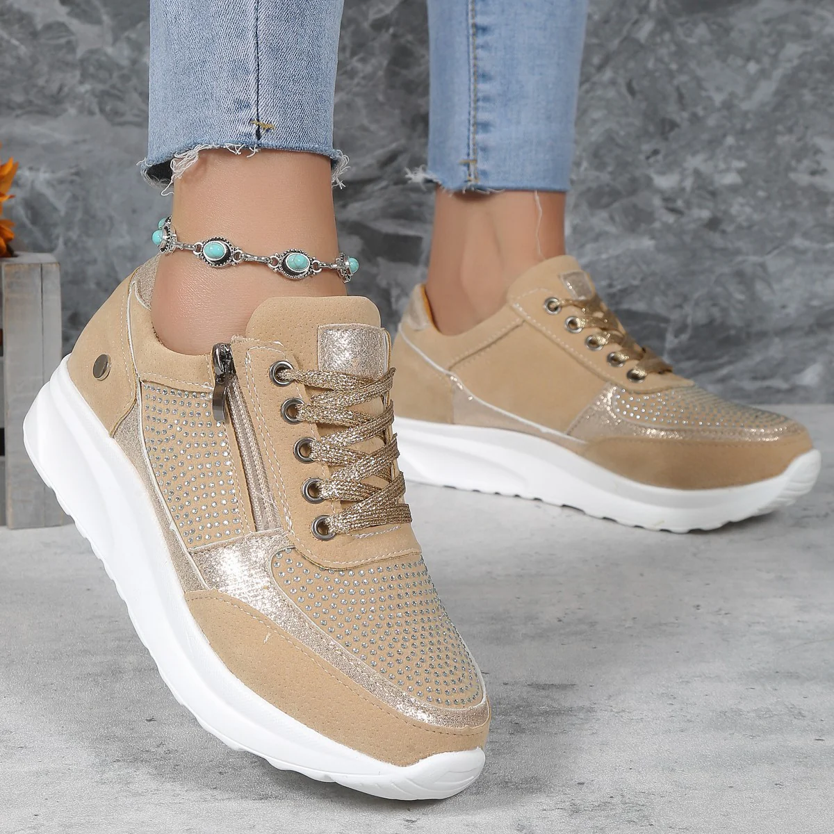 Damen Sneaker mit dekorativem Strass und praktischem Reißverschluss Heidi Mode - Image 8