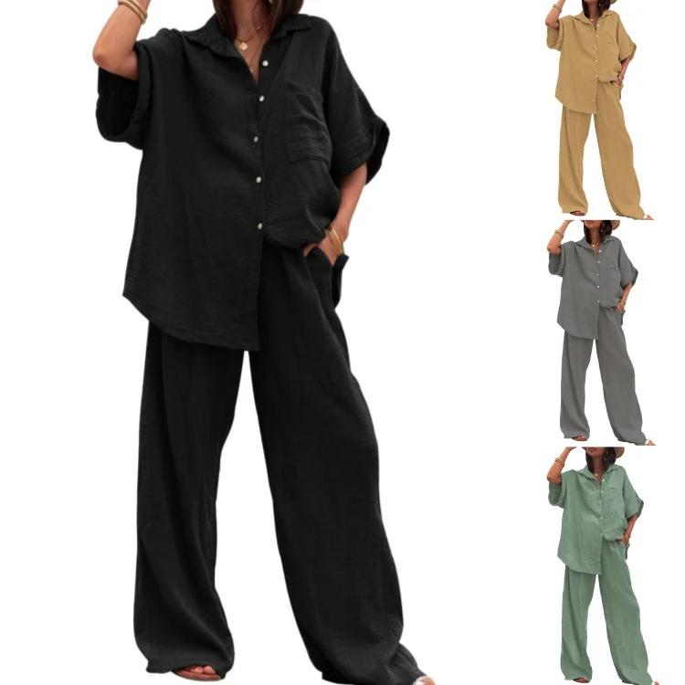 Damen Sommerliches Zweiteiler-Set mit übergroßem Hemd und weiter Hose Heidi-Mode - Image 2