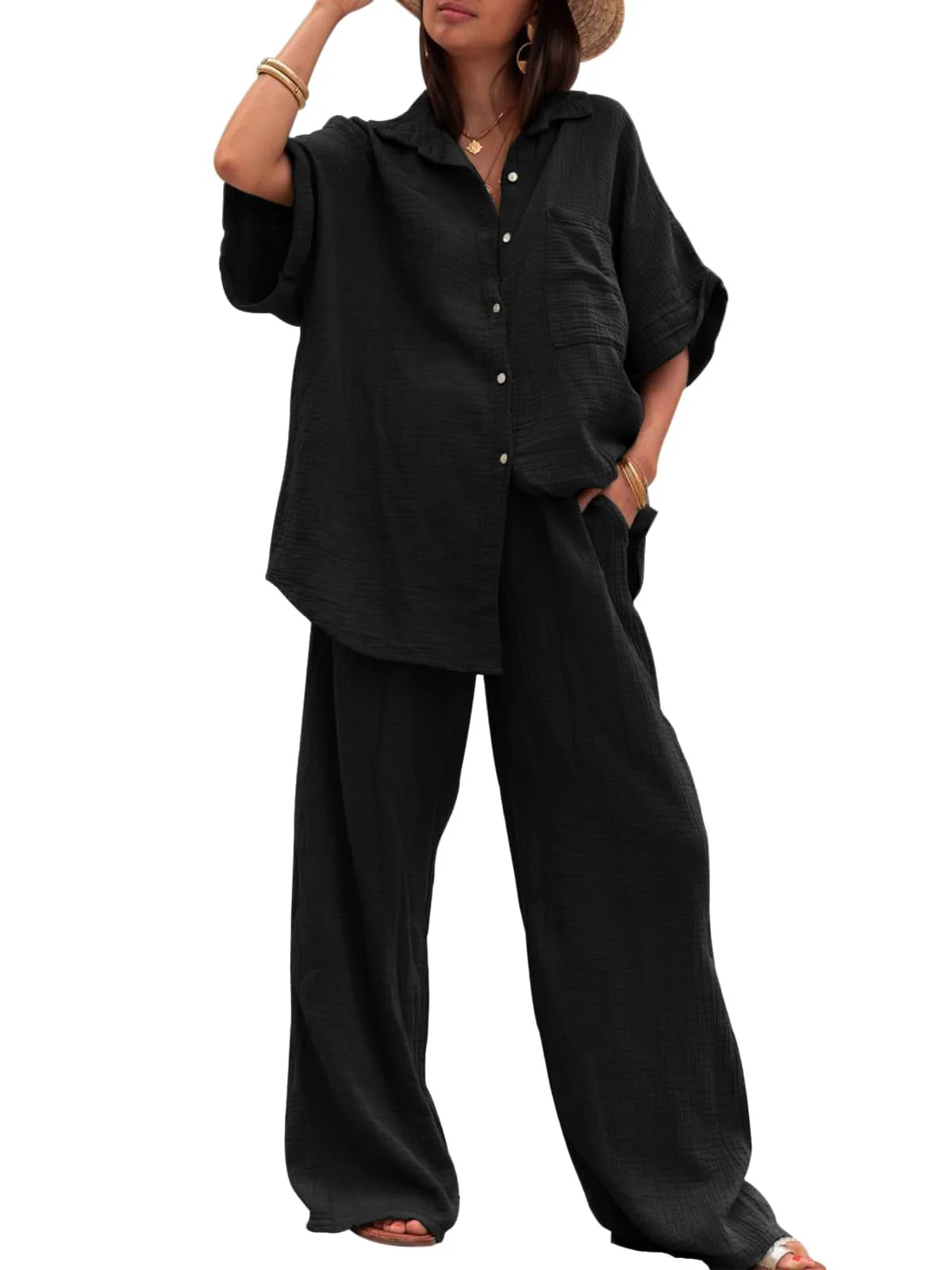 Damen Sommerliches Zweiteiler-Set mit übergroßem Hemd und weiter Hose Heidi-Mode - Image 6