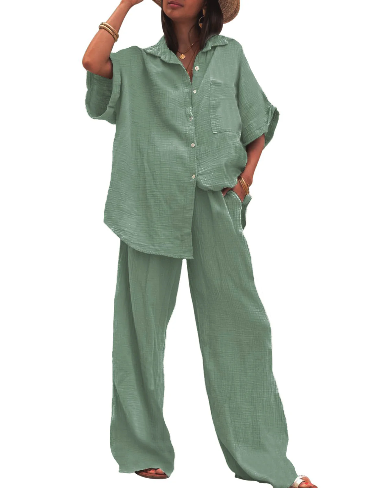 Damen Sommerliches Zweiteiler-Set mit übergroßem Hemd und weiter Hose Heidi-Mode - Image 7