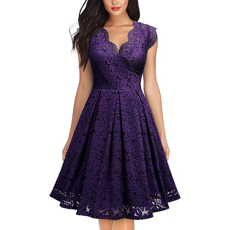 Damen Spitzenkleid mit V-Ausschnitt und Ausgestelltem Rock Heidi-Mode - Image 2