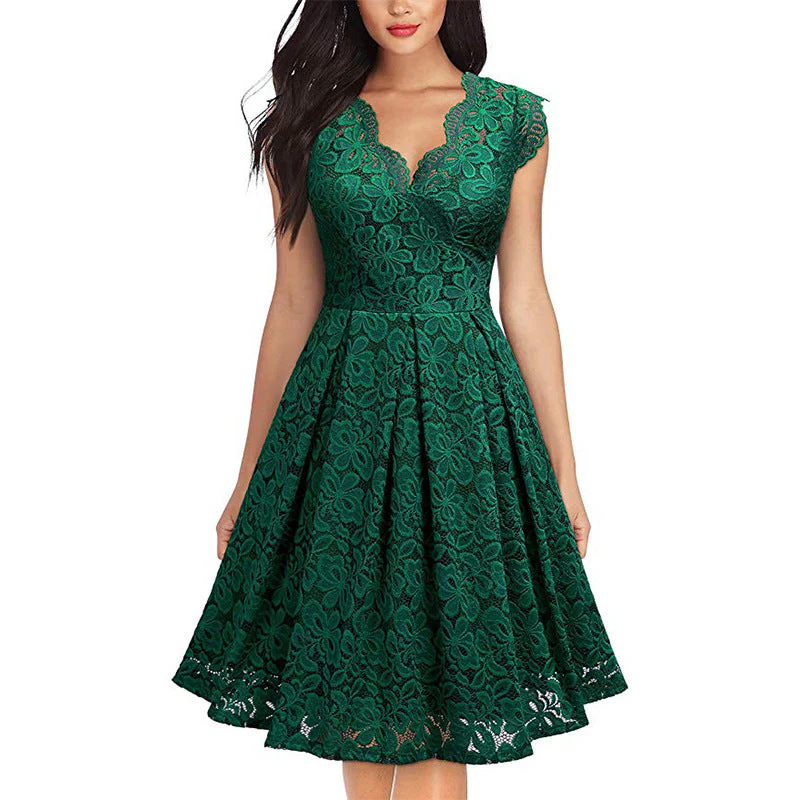 Damen Spitzenkleid mit V-Ausschnitt und Ausgestelltem Rock Heidi-Mode - Image 5