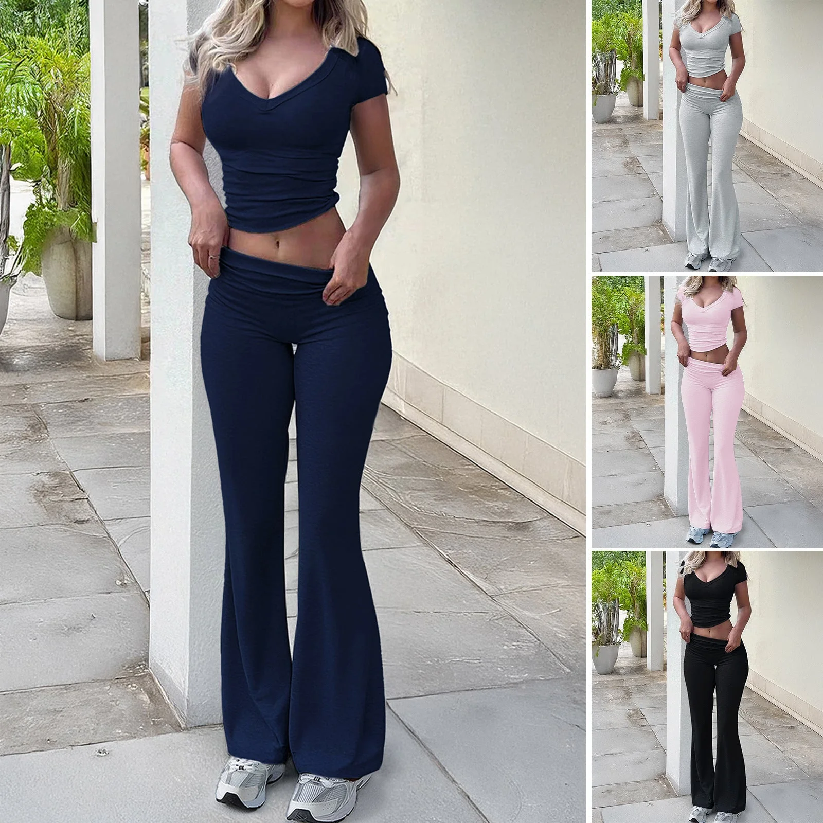 Damen Sport-Lounge-Set mit Figurbetonendem Oberteil und Eleganten Flared-Hosen Heidi-Mode