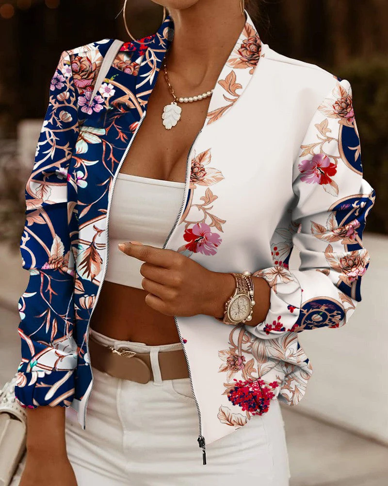 Damen Sportliche Bomberjacke mit Floralem Design und Kontrastierenden Ärmelakzenten Heidi-Mode - Image 7