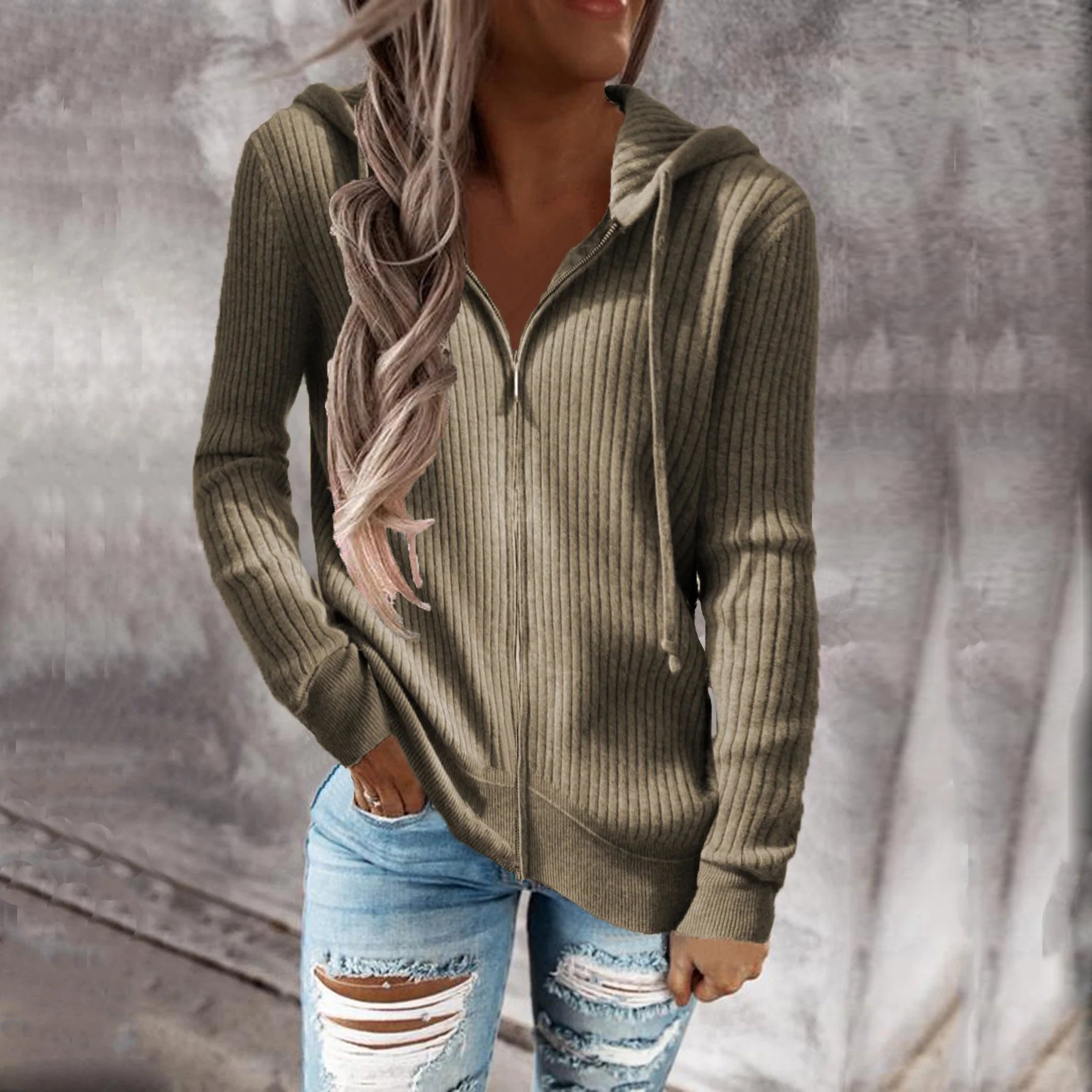 Damen Sportliche Kapuzenjacke mit Strukturierter Rippoptik und Praktischen Taschen Heidi-Mode - Image 12
