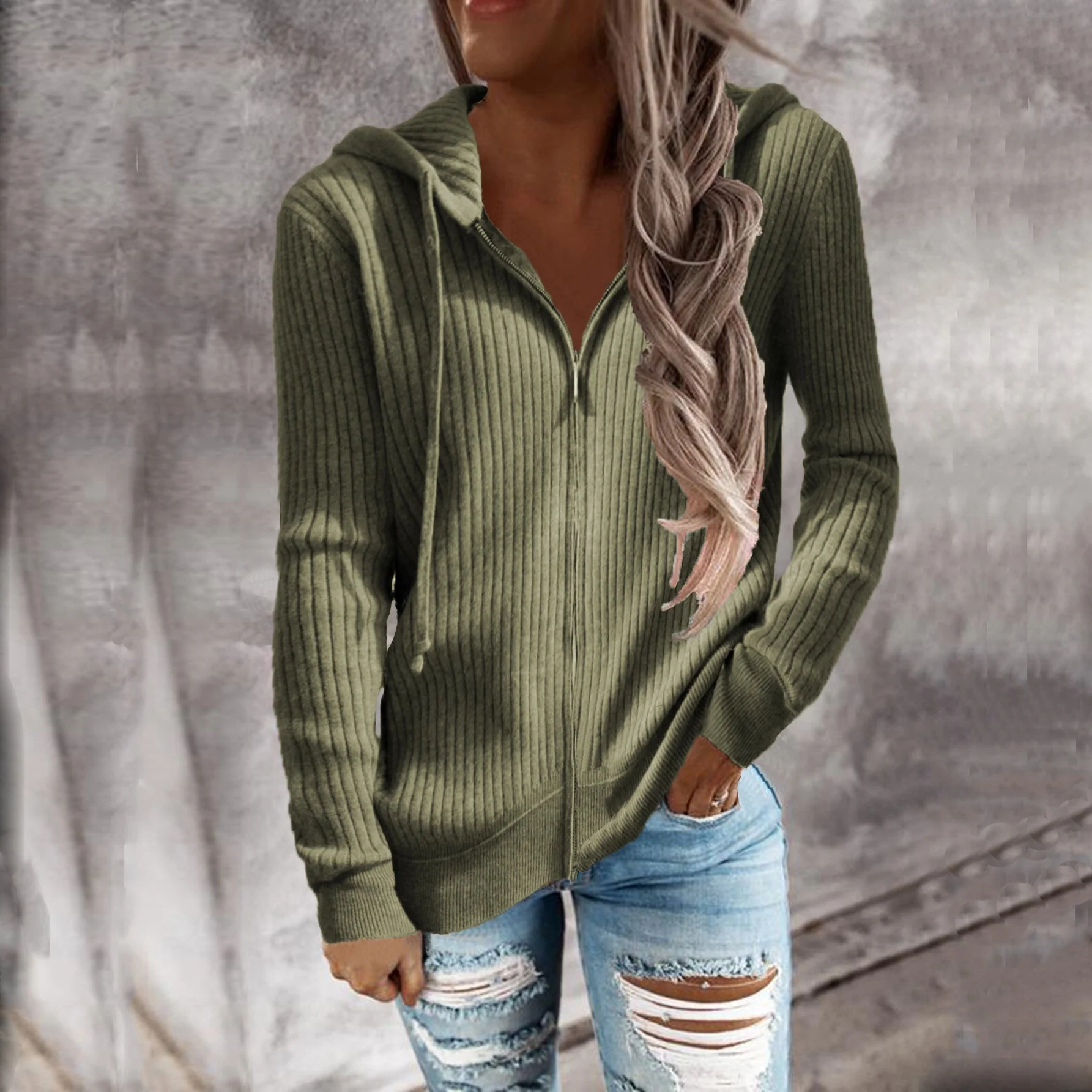 Damen Sportliche Kapuzenjacke mit Strukturierter Rippoptik und Praktischen Taschen Heidi-Mode - Image 7