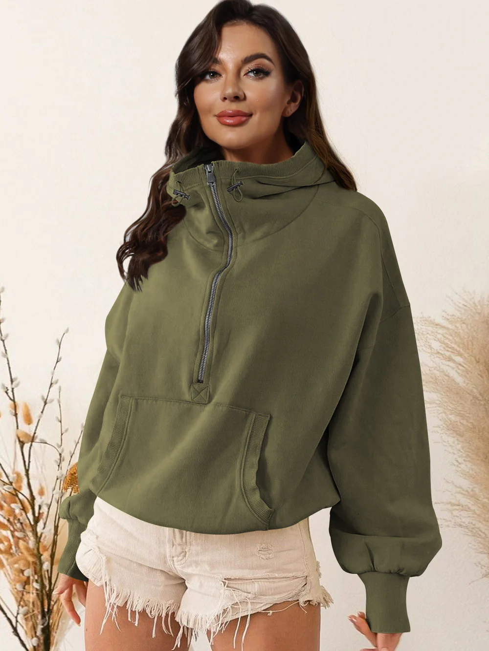 Damen sportlicher Kapuzenpullover mit halbem Reißverschluss und funktionalen Taschen Heidi-Mode - Image 8
