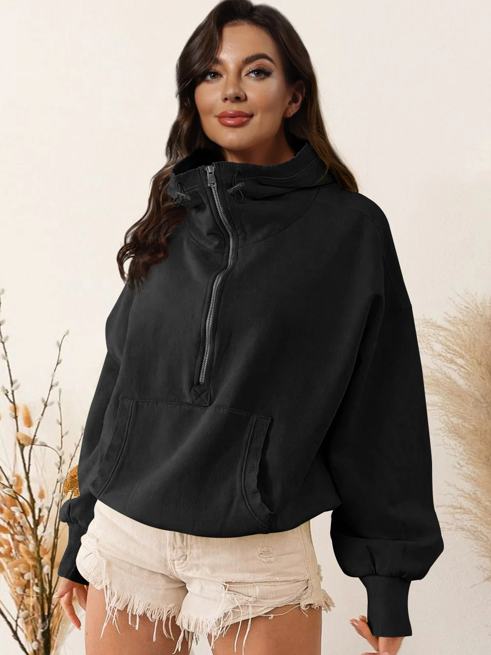 Damen sportlicher Kapuzenpullover mit halbem Reißverschluss und funktionalen Taschen Heidi-Mode - Image 9