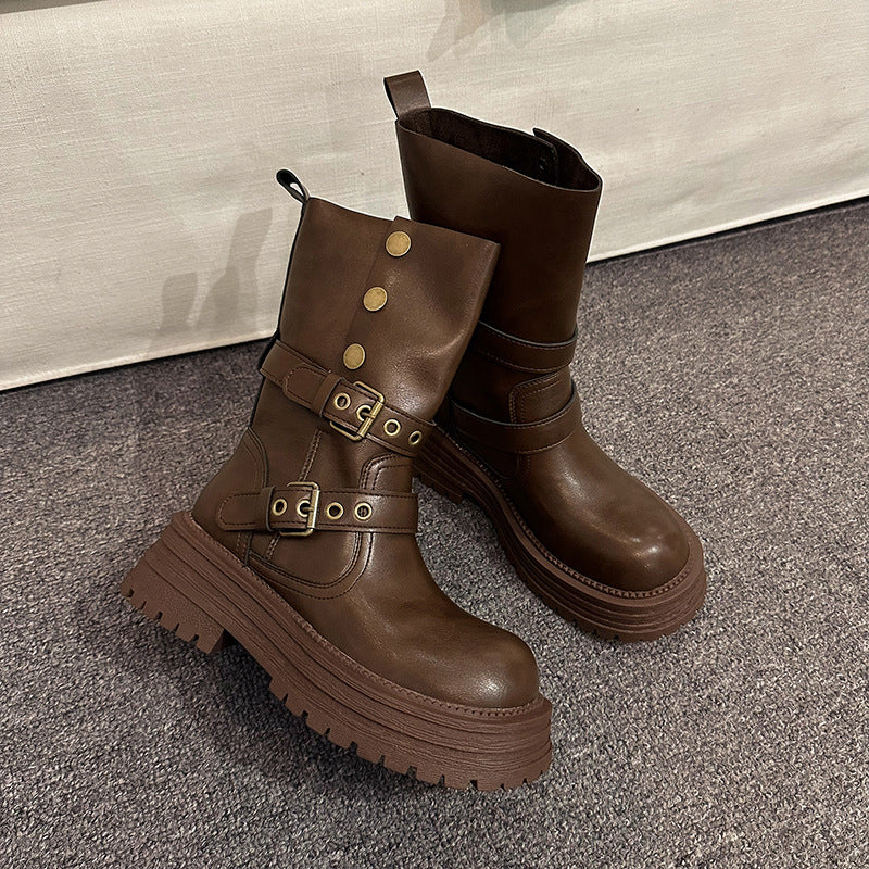 Damen Stiefeletten mit modischen Schnallen und robuster Plateausohle Heidi Mode