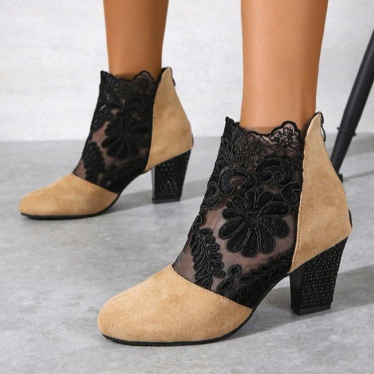 Damen Stiefeletten mit Romantischem Spitzen-Obermaterial und Komfortablem Blockabsatz Heidi-Mode