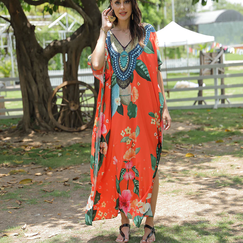 Damen Strandkaftan mit Kunstvollem Blumenmuster und Dekorativer Perlenverzierung Heidi-Mode - Image 2