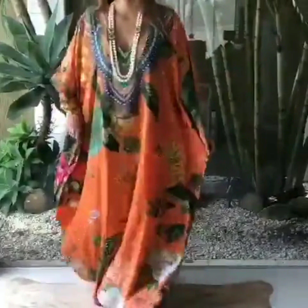 Damen Strandkaftan mit Kunstvollem Blumenmuster und Dekorativer Perlenverzierung Heidi-Mode - Image 3