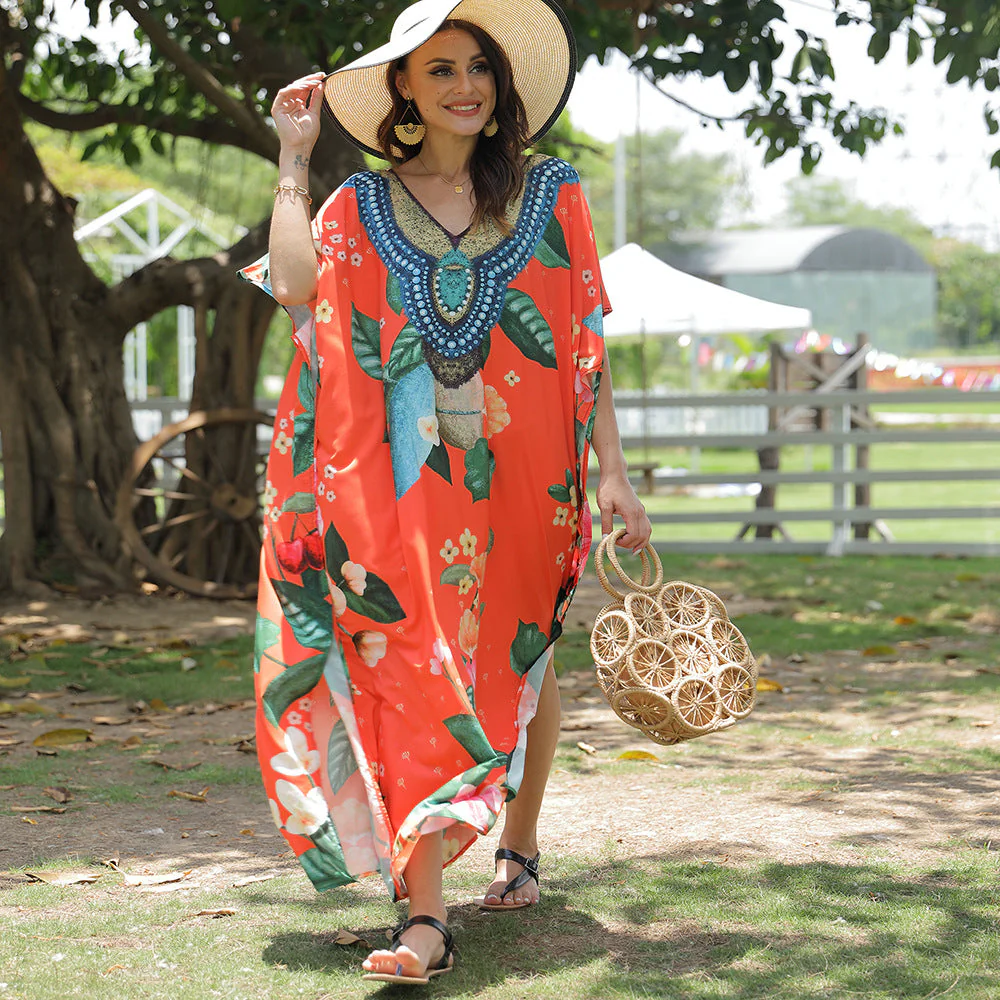 Damen Strandkaftan mit Kunstvollem Blumenmuster und Dekorativer Perlenverzierung Heidi-Mode - Image 4
