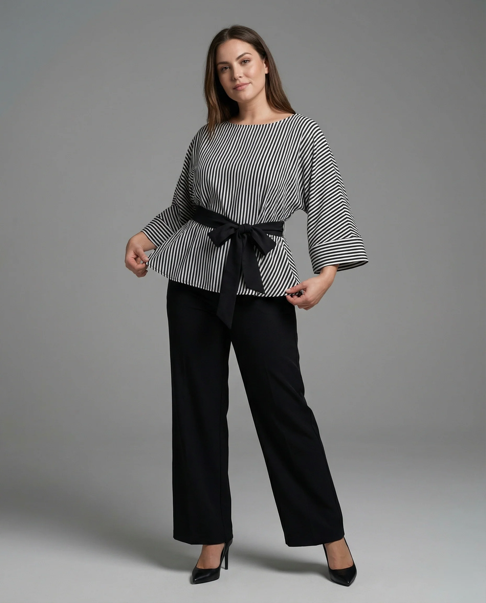 Damen Streetwear zweiteiliges Set mit gestreiftem Wickelshirt, Bindegürtel und weiter Palazzo-Hose Heidi Mode - Image 3