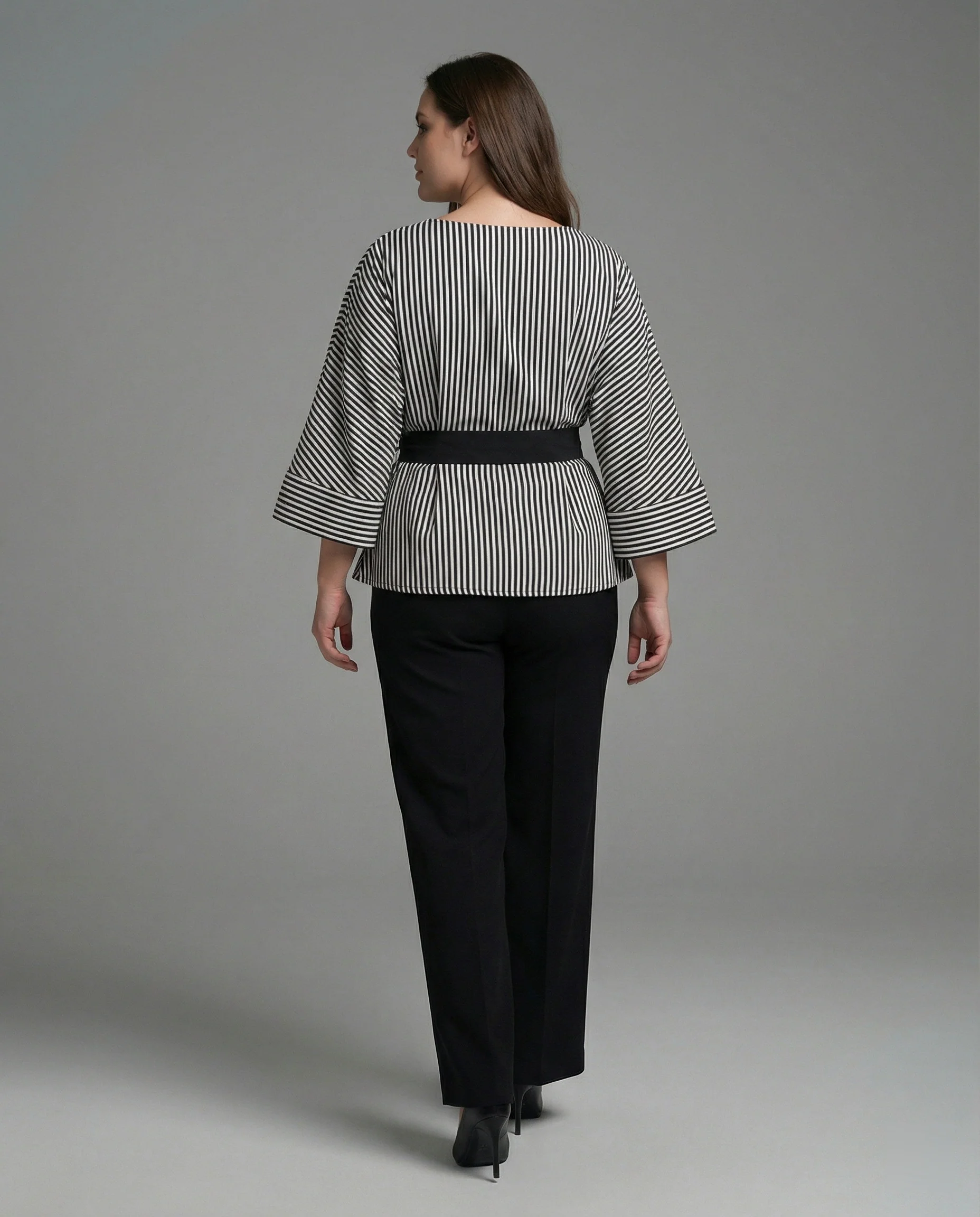 Damen Streetwear zweiteiliges Set mit gestreiftem Wickelshirt, Bindegürtel und weiter Palazzo-Hose Heidi Mode - Image 4