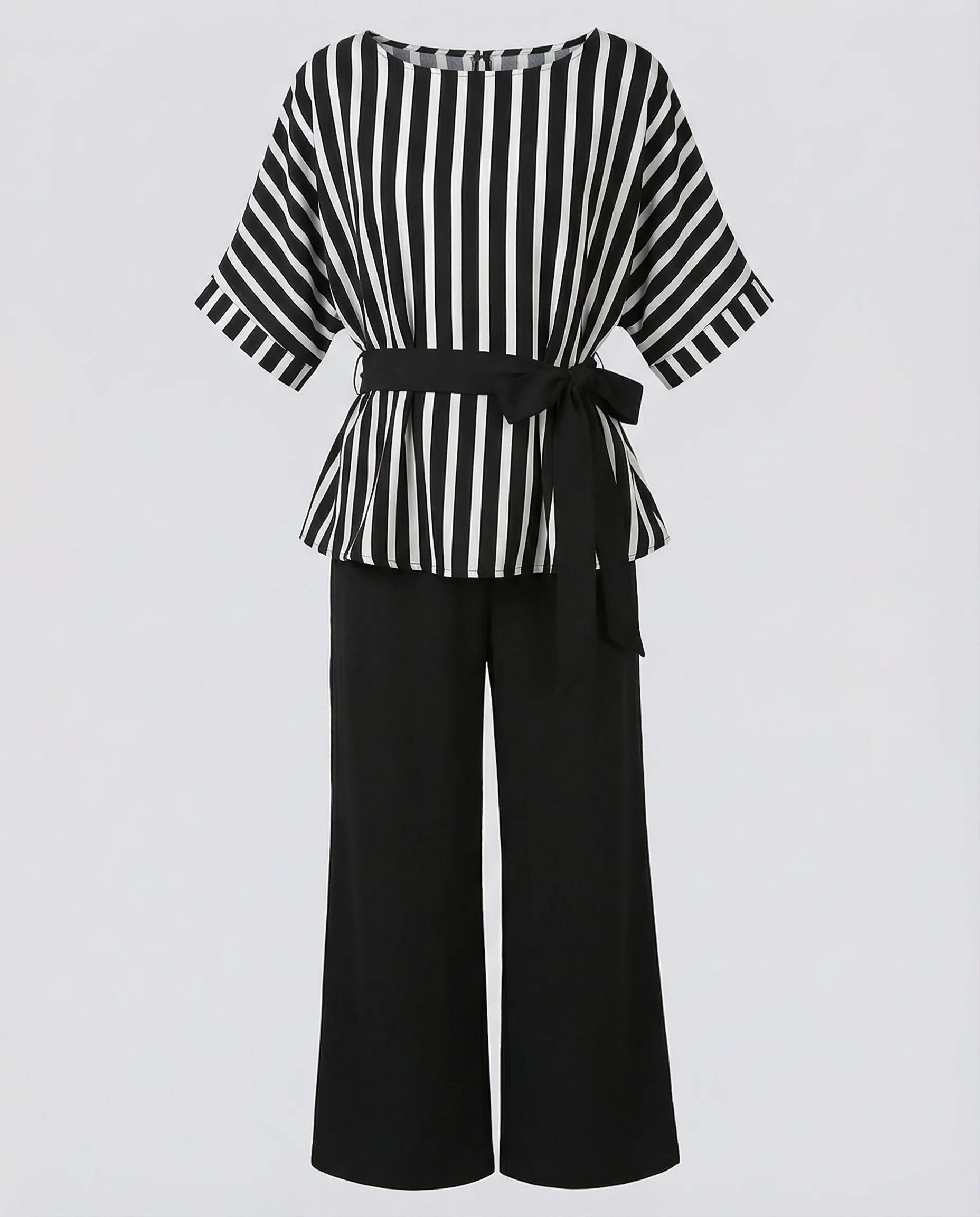 Damen Streetwear zweiteiliges Set mit gestreiftem Wickelshirt, Bindegürtel und weiter Palazzo-Hose Heidi Mode - Image 5