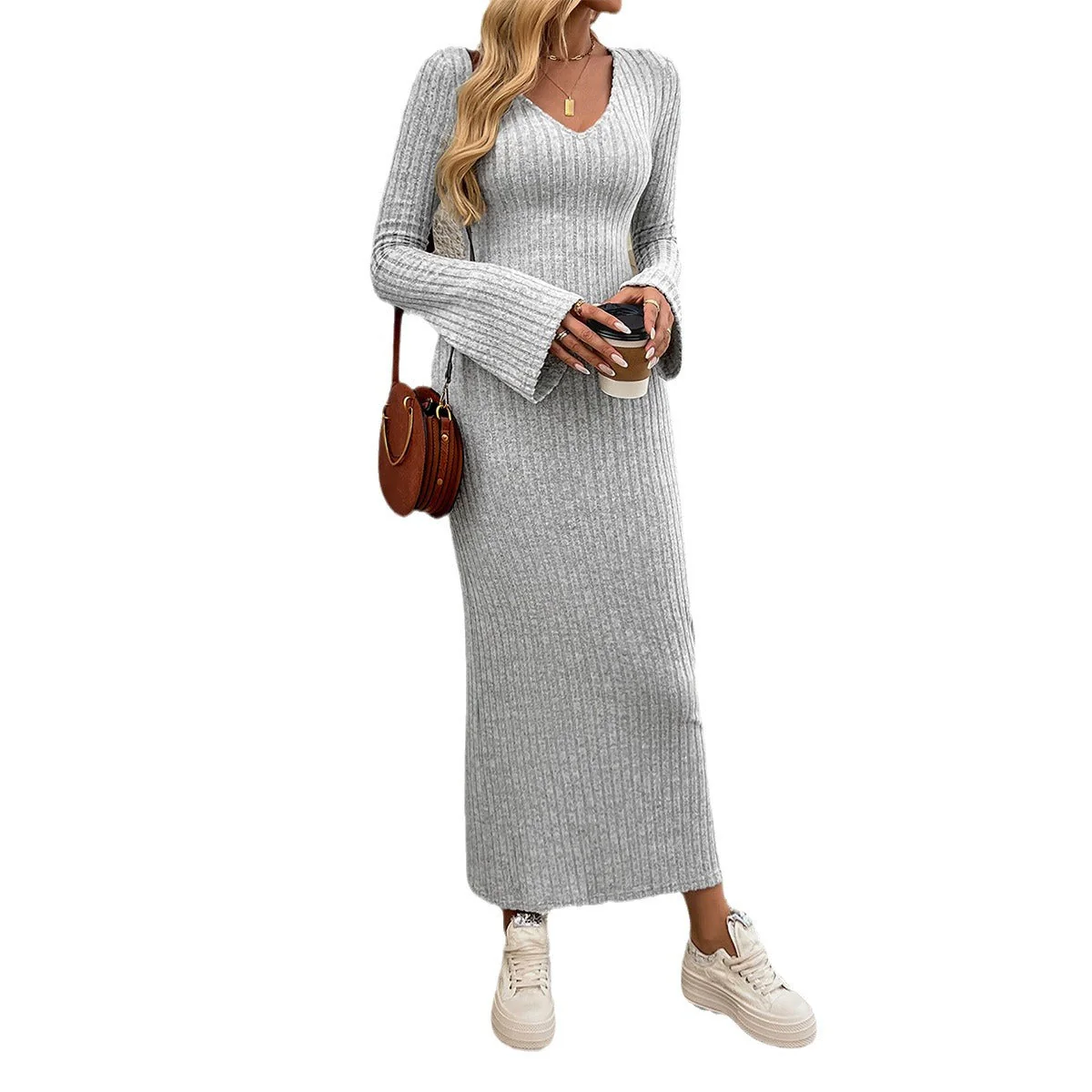 Damen Strick-Midi-Kleid mit V-Ausschnitt und Voluminösen Ärmeln Heidi-Mode - Image 5