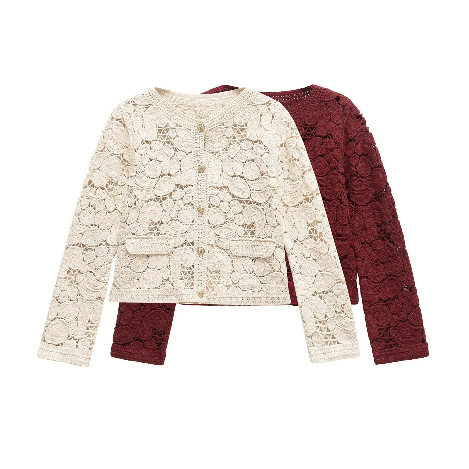 Damen Strickjacke Aus Feiner Spitze mit Dekorativen Knopfdetails und Eleganter Silhouette Heidi-Mode